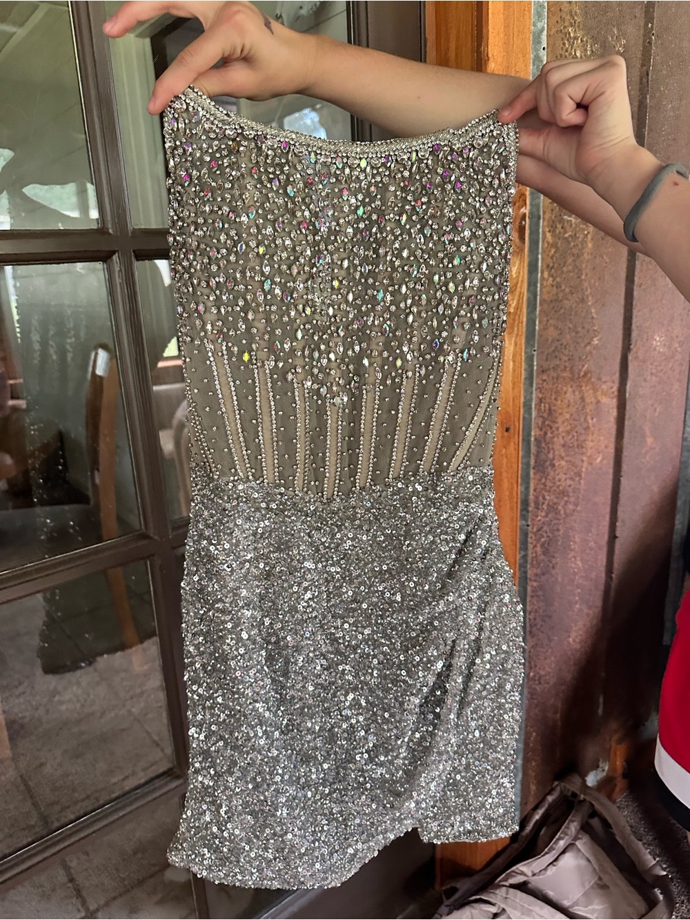 Strapless Silver Sequin Cocktail Dress with Beaded Bodice
